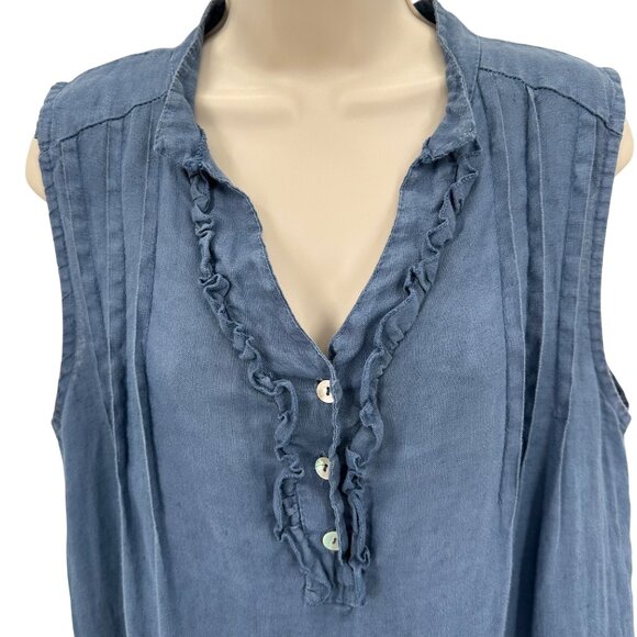 Alessia Pacini Womens Italy Made 100% Linen Blue Ruffle Neck Sleeveless Dress M - Picture 2 of 9